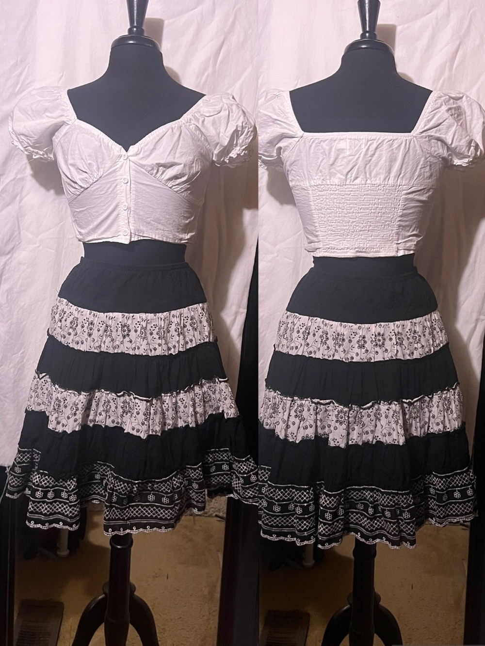 90s Black and White Tiered Floral Skirt